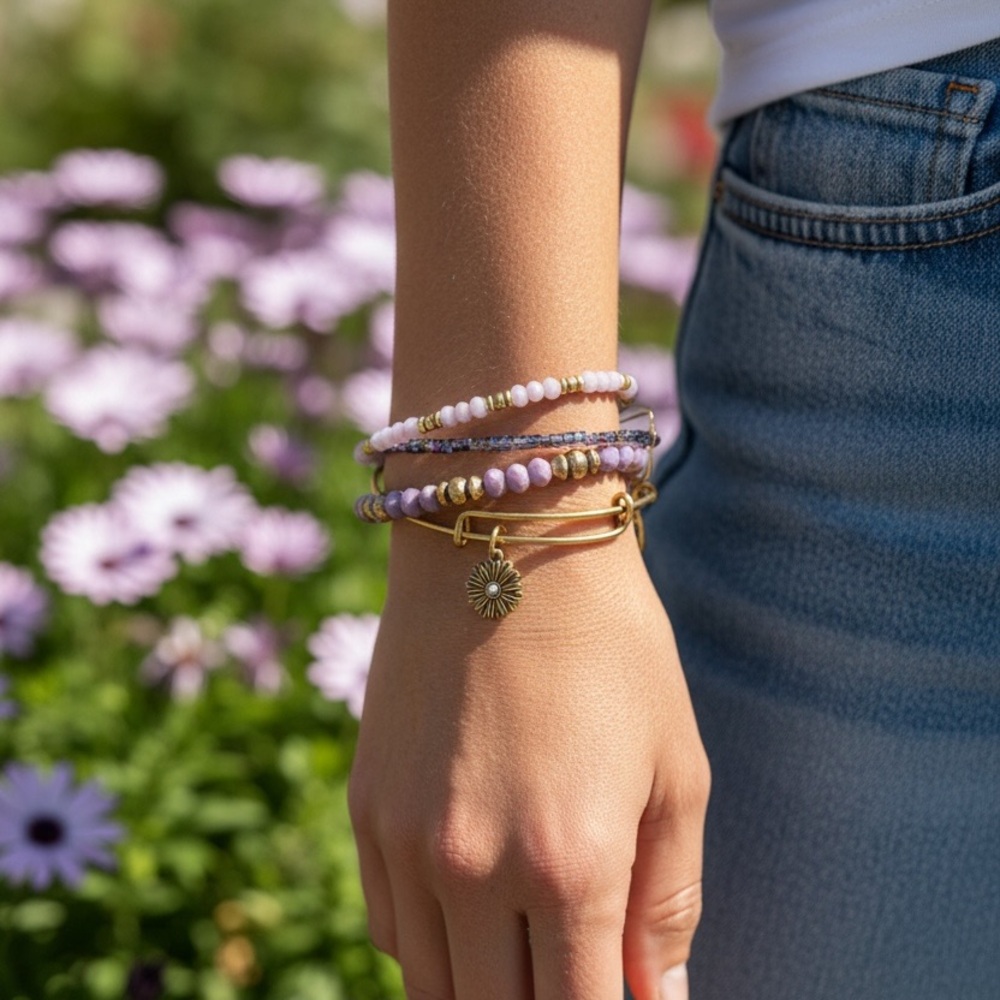 💜ALEX AND ANI💜Daisy & 3 Beaded Charm Bangle Bracelets in Rafaelian Gold/Like New